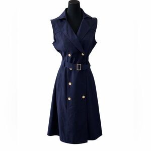 Sharagano Navy Sleeveless Trench Style Midi Dress Belted Size Small